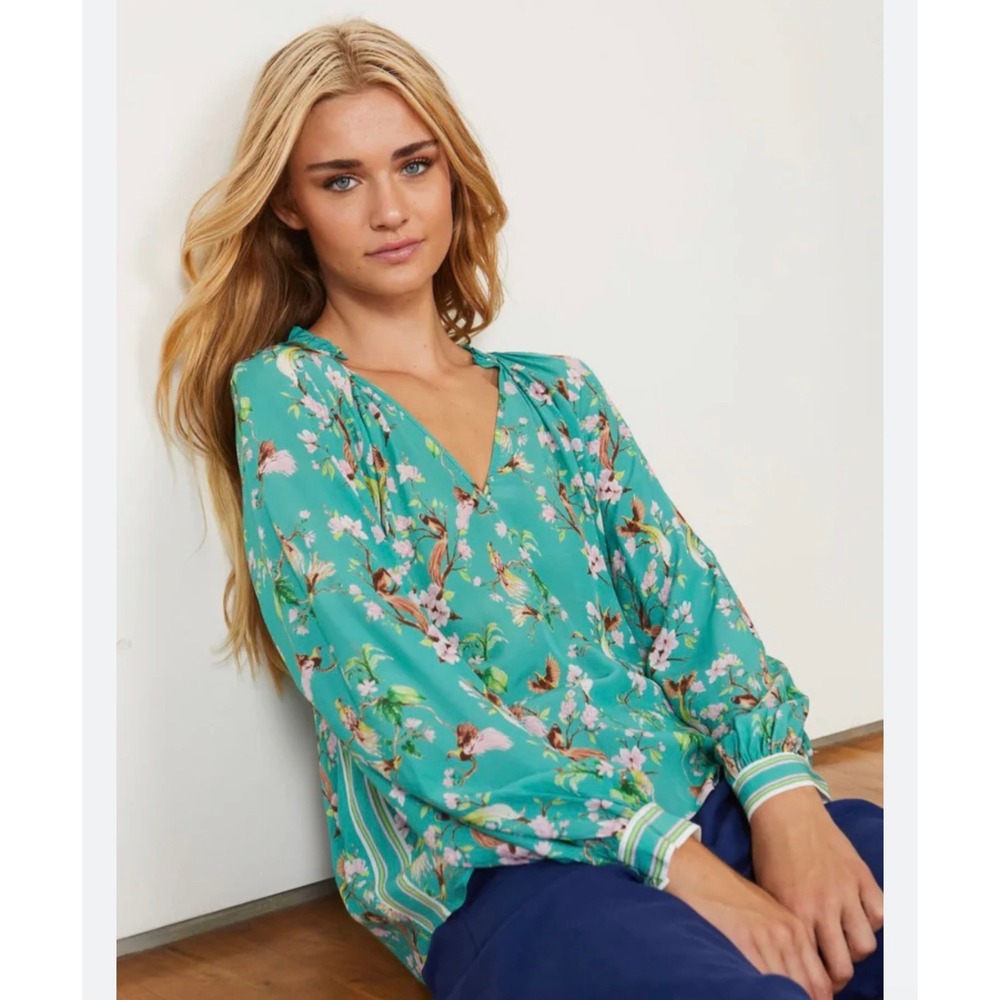 Caballero Aqua Floral Bird Print Boho Peasant Blouse Size Large